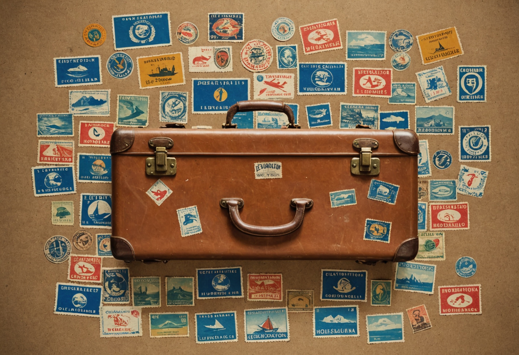 Viajes Escoto — maleta vintage con etiquetas de destino